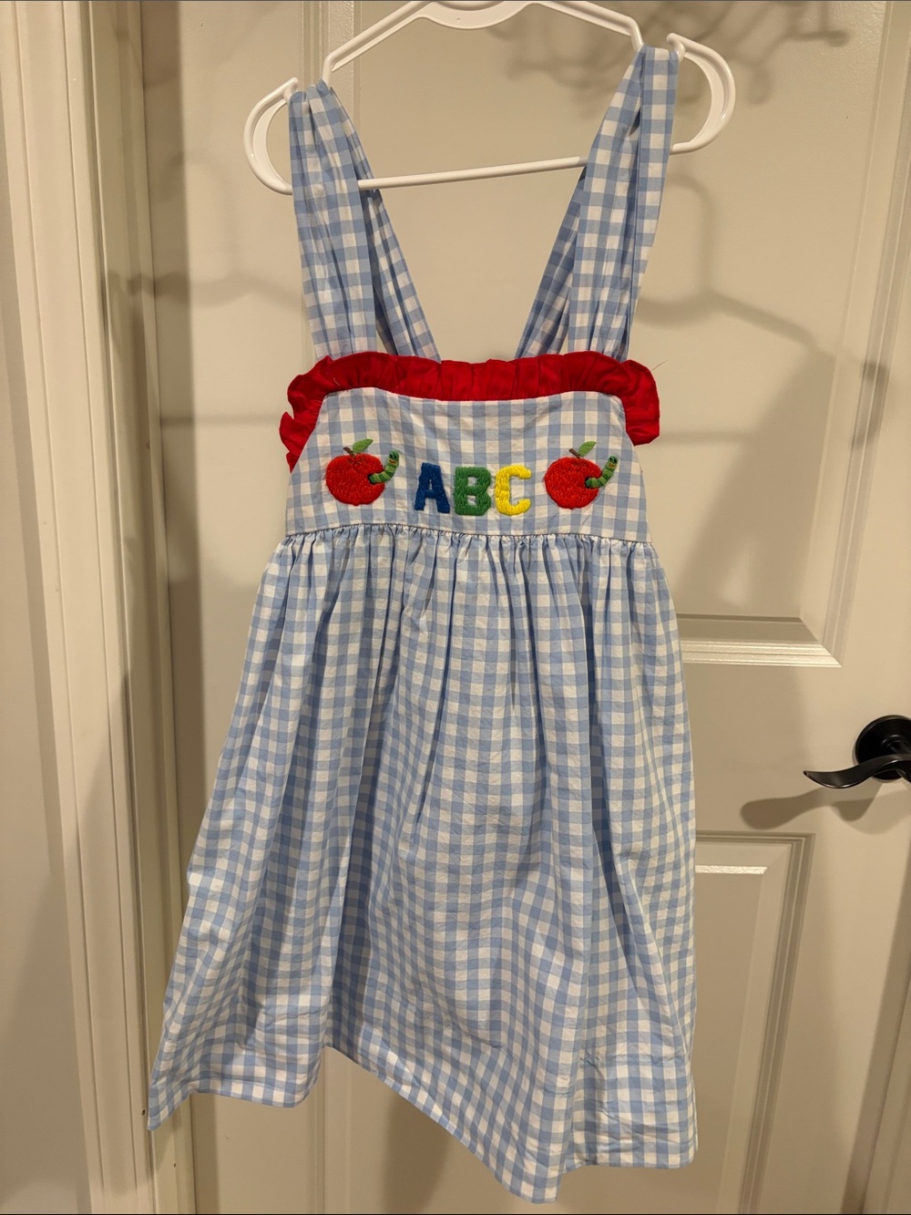 Blue Gingham Girls Cecil & Lou Sundress with Red Ruffle Trim and ABC Embroidery